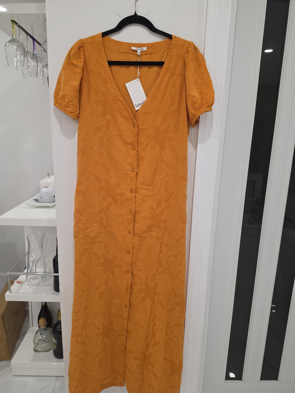 Splendid Orange Button-Front Maxi Dress with Puff Sleeves